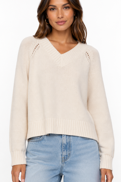 pointelle trim cotton v neck sweater