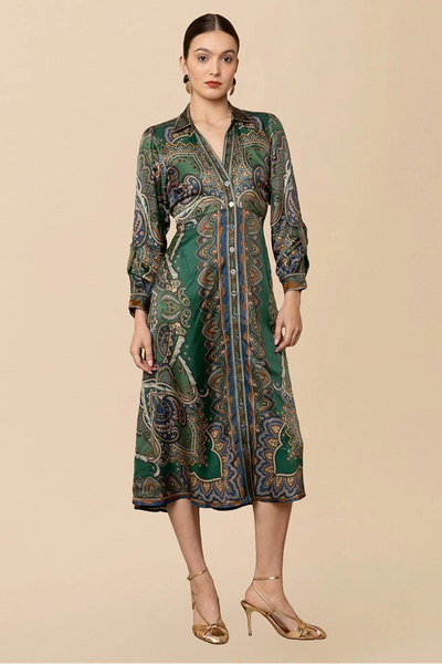 Long Sleeve Button Down Paisley Midi Dress