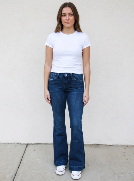 Women's dark wash mid rise flare jeans
