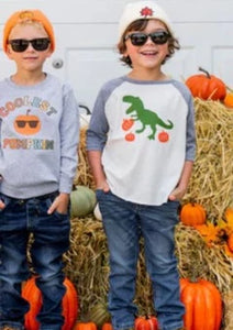 kids pumpkin dino raglan tee