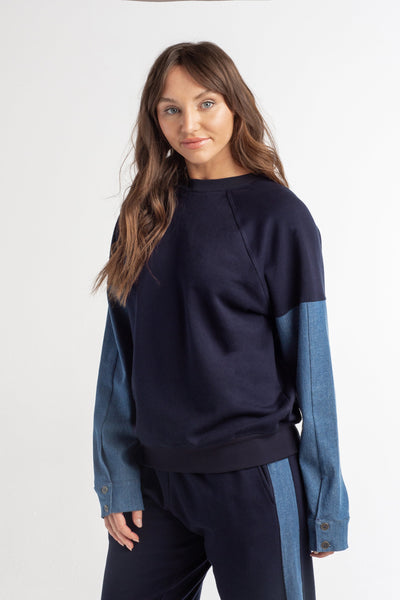 denim sleeve crew neck top