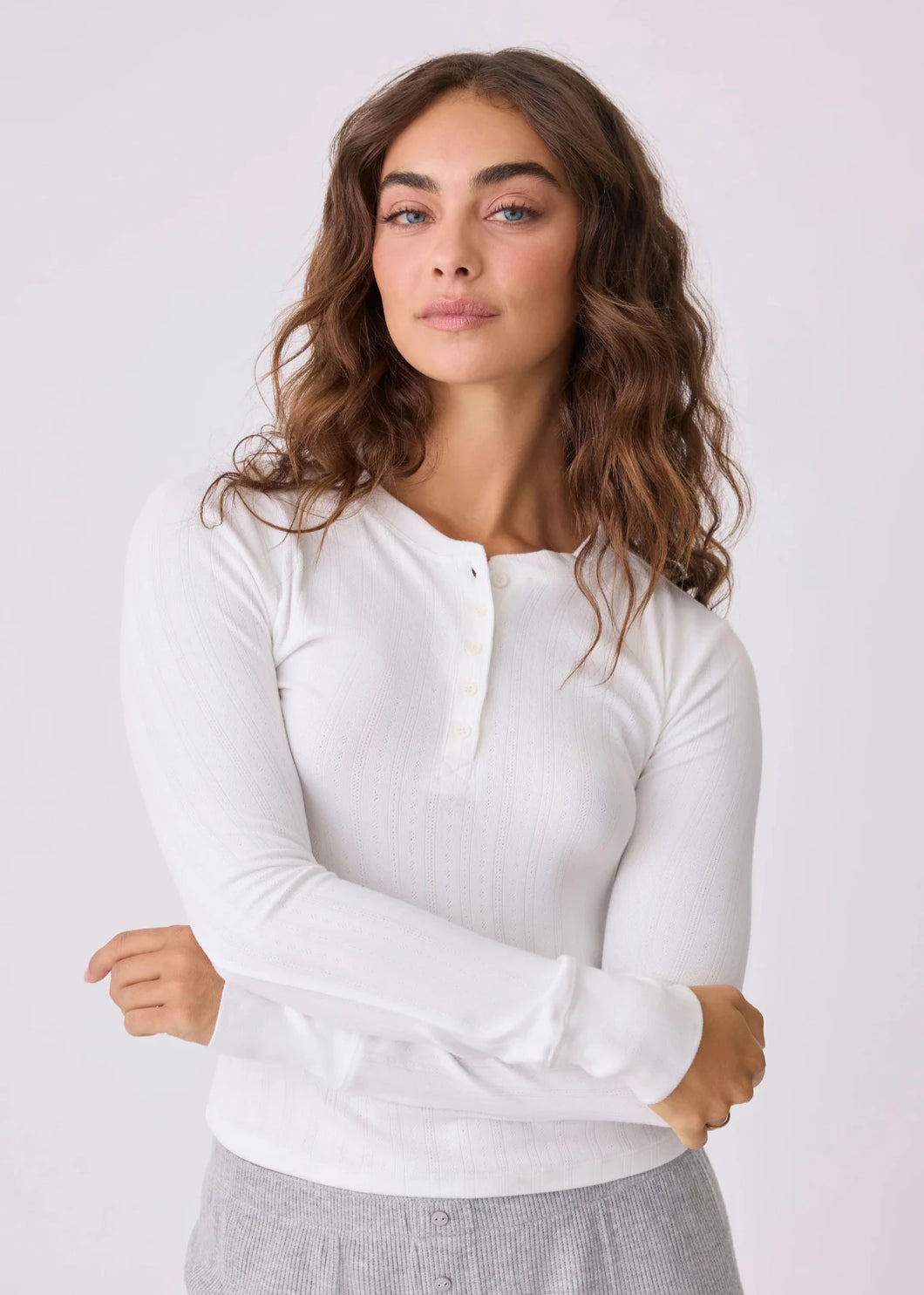 pointelle long sleeve henley top