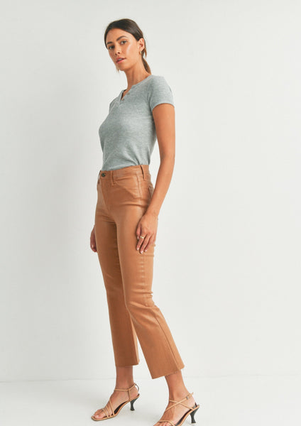 coated crop kick flare jean