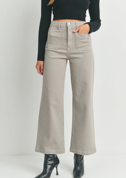 women tan pocket wide leg jean