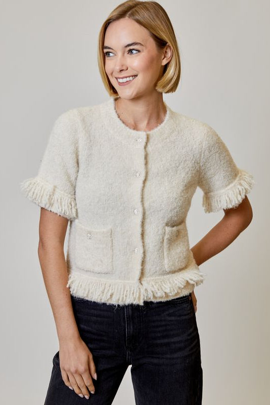 fringe jewel button cardigan