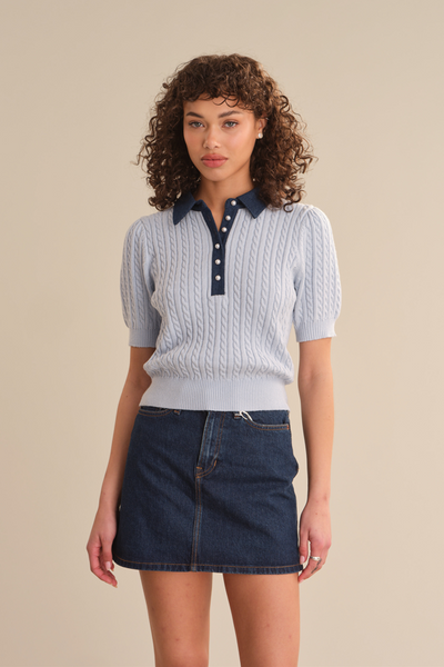 denim mix short sleeve cable sweater