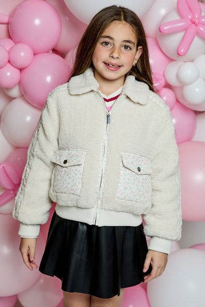 tween floral trim sherpa zip jacket