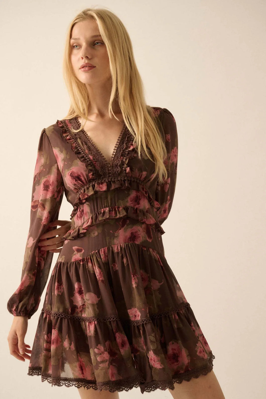 long sleeve floral chiffon dress