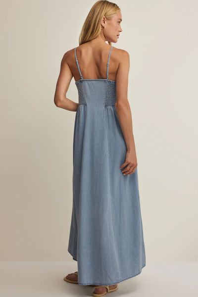 denim strappy midi button dress