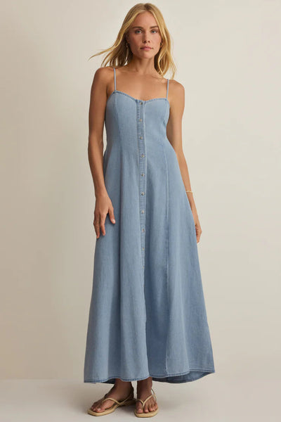 denim strappy midi button dress