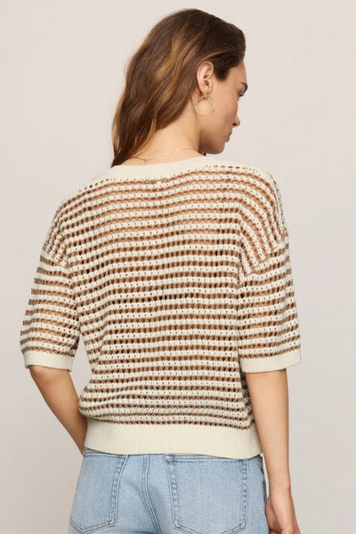 knit stripe short sleeve button sweater