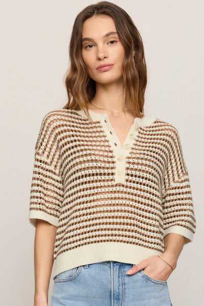 knit stripe short sleeve button sweater