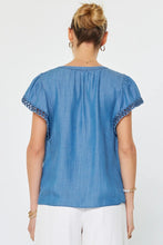 Load image into Gallery viewer, embroidered sleeve chambray top
