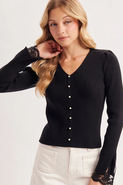 knit v neck lace cuff top