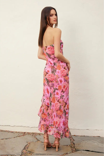 strapless ruffle slit maxi dress