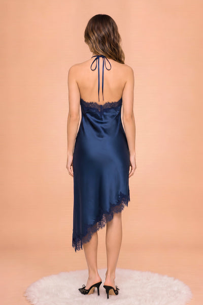Halter Lace Trim Asymmetrical Midi Dress