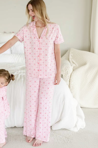 women`s 2 pc flare lounge set rose plaid