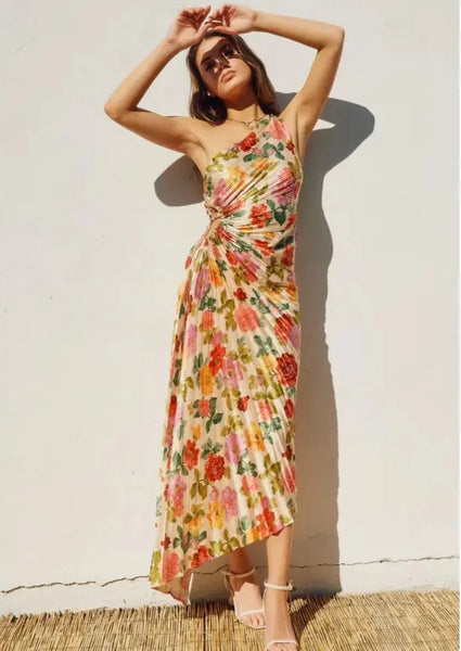 asymmetrical pleat one shoulder floral dress