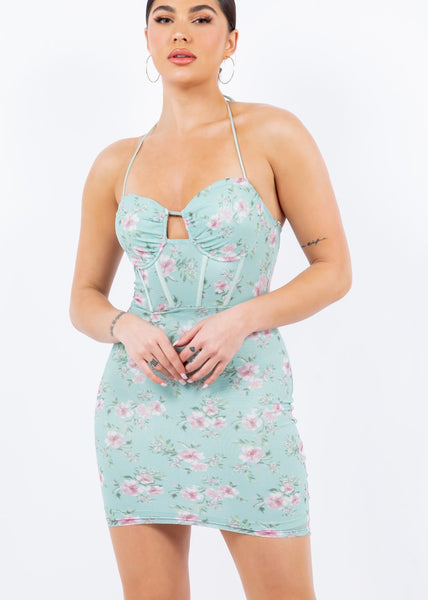 mesh floral bustier halter dress