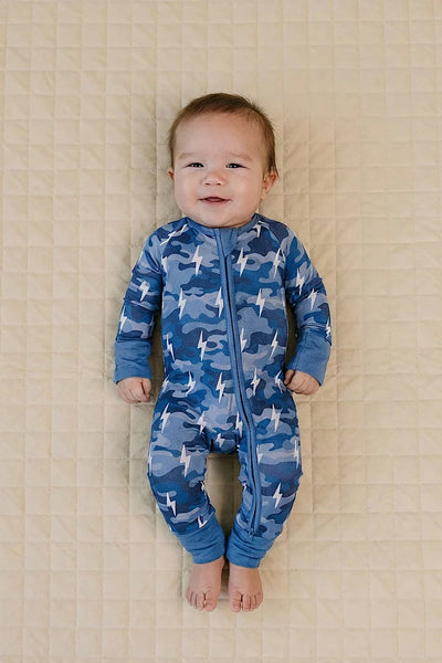baby bamboo zip footie camo bolts