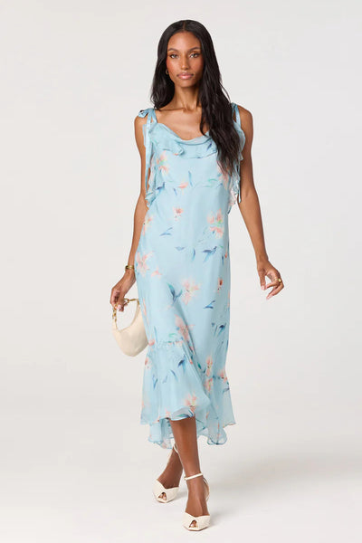cascade ruffle floral dress