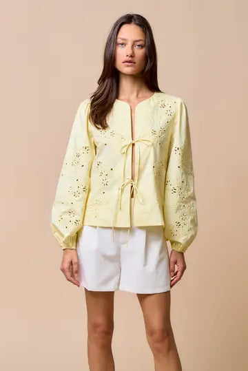 embroidered tie front blouse