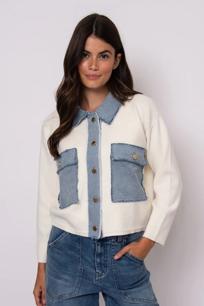 denim combo collar cardigan