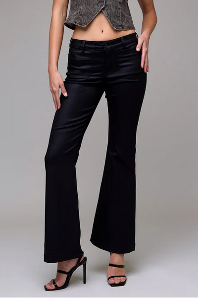 coated mid rise flare jean