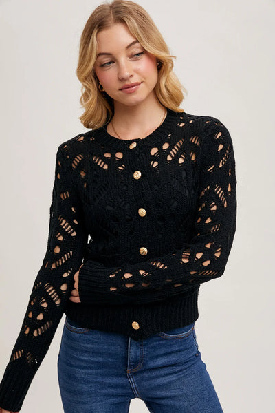 crew neck button pointelle cardigan