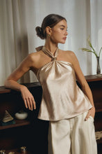 Load image into Gallery viewer, Satin Gold Trim Halter Top
