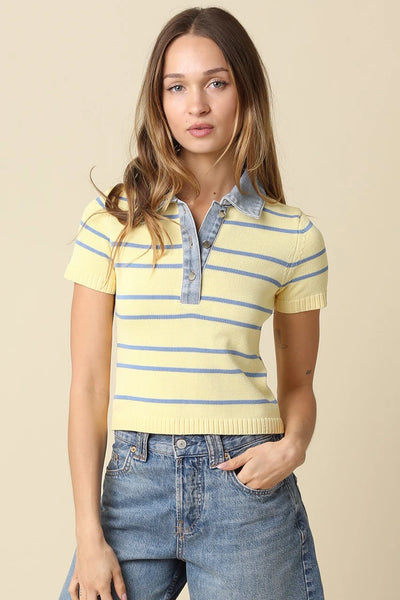 denim collar short sleeve sweater