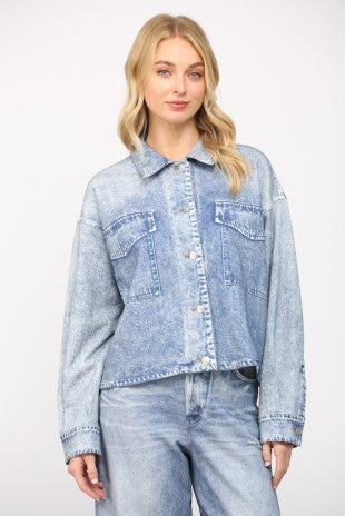 denim print french terry shacket