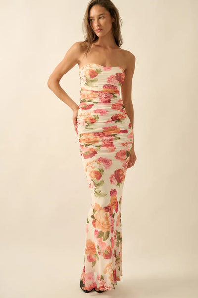 floral mesh ruched strapless dress