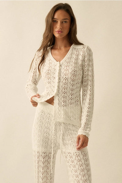 collared pointelle cardigan