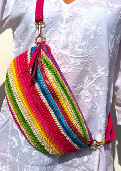 crochet + leather fanny bag - stripe