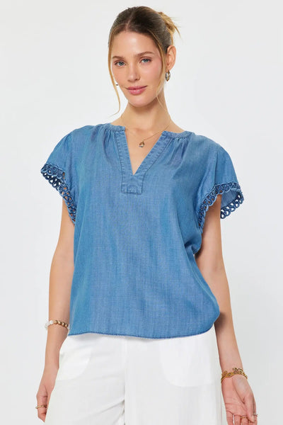 embroidered sleeve chambray top