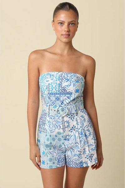 print strapless belted romper