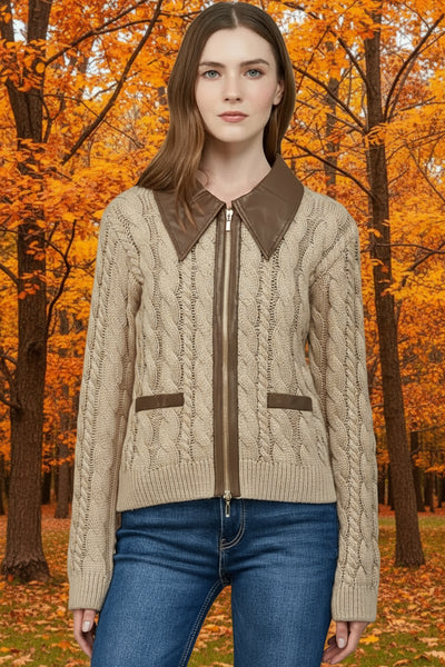 faux leather trim cable zip cardigan