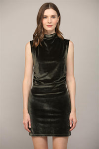 mock neck ruched velvet dress