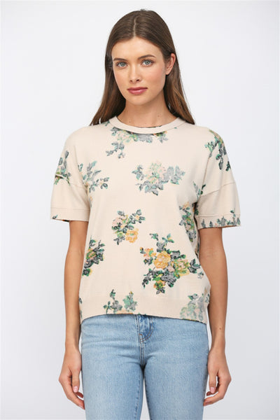 floral print short sleeve sweater