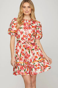 floral tie waist button dress