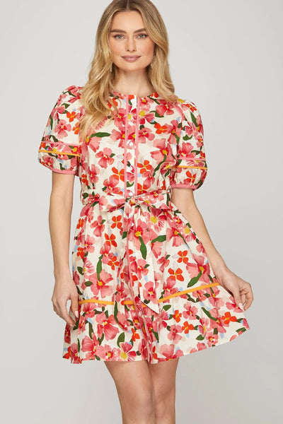 floral tie waist button dress