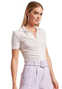 short sleeve pearl button ruched shirt