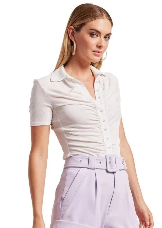 short sleeve pearl button ruched shirt