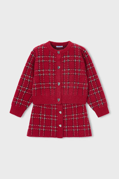 girls plaid cardigan + skirt knit set