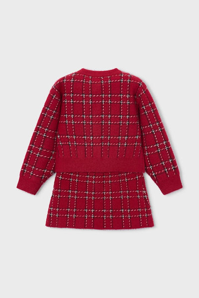 girls plaid cardigan + skirt knit set