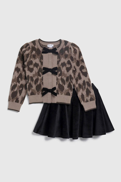 girls leo bow cardigan + skirt set