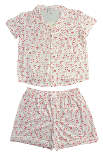 girls pajama short set bow stripe