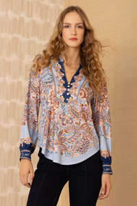 long sleeve v neck print blouse