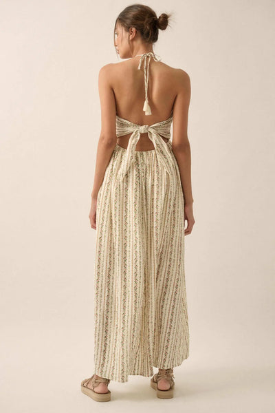 halter tie back floral stripe midi dress